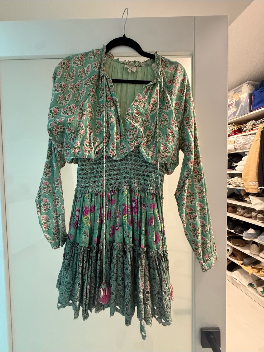 HEMANT & NANDITA Mint Green Floral Smocked Long Sleeve Mini Dress